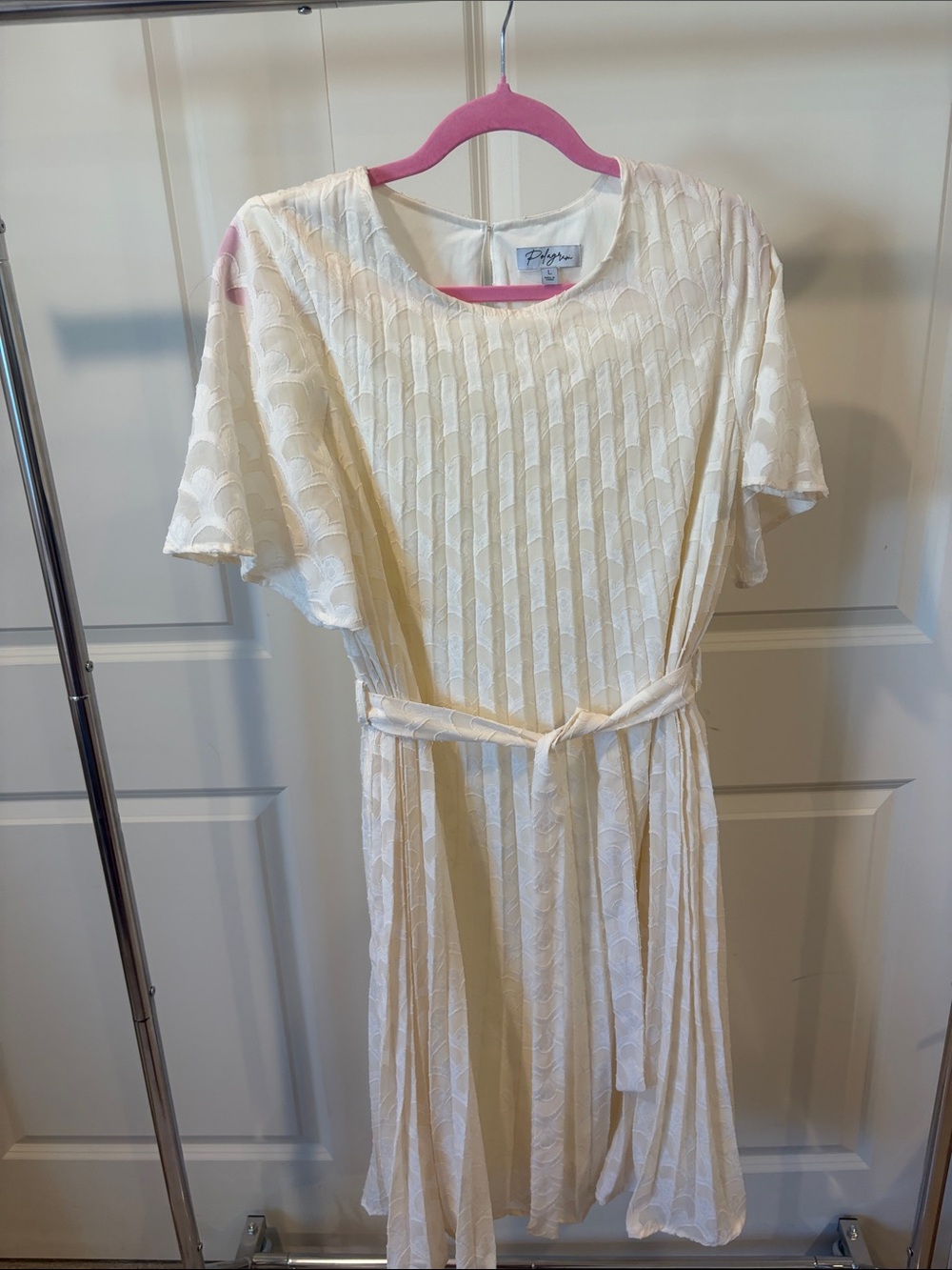 Polagram Cream Pleated Midi Dress with Self Tie